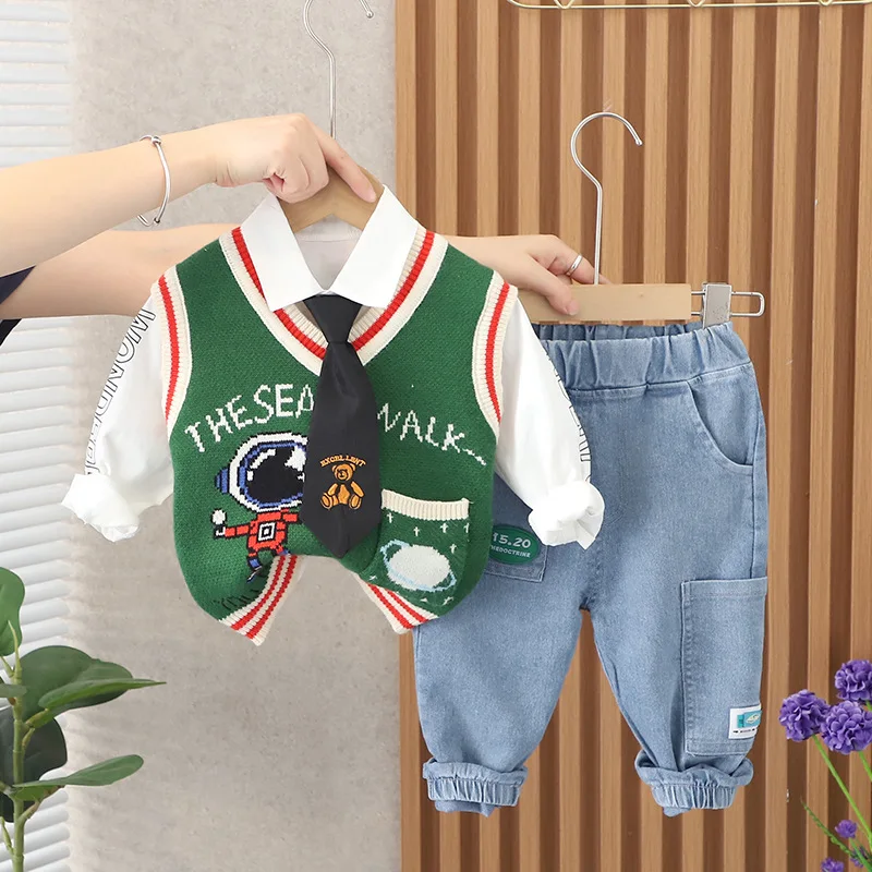 

Astronaut Spring Autumn Newborn Clothing Suits Kids Knitted Vest+T-shirt with Bear Tie+Denim Pants 3pcs Sets Baby Boy Clothes