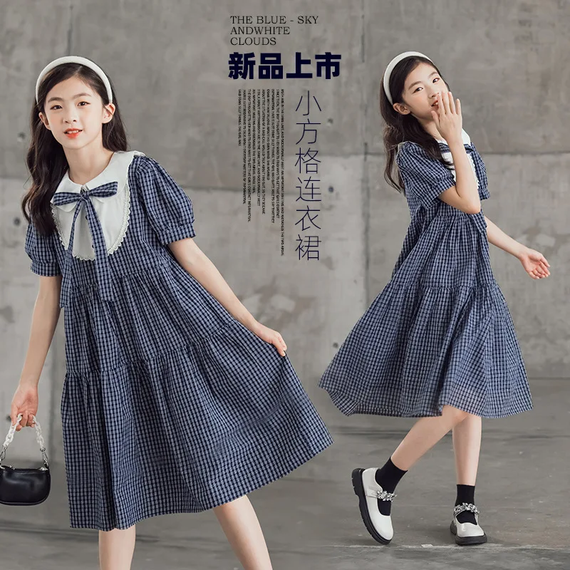 

School Student Small Checkered Short Sleeve Dress 2023 Girls' Casual Dress Bowtie Dress