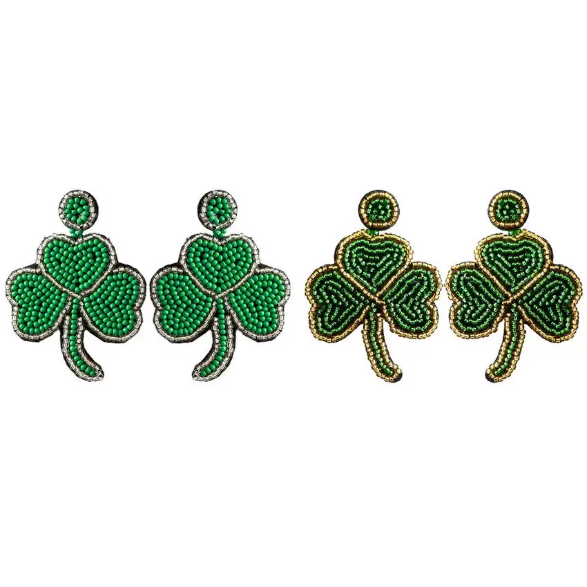 Handmade Seed Beaded Leaf Clover Shamrock Earrings Felt Back St Patrick's Day Jewelry Beaded Heart Pattern Statement Earrings