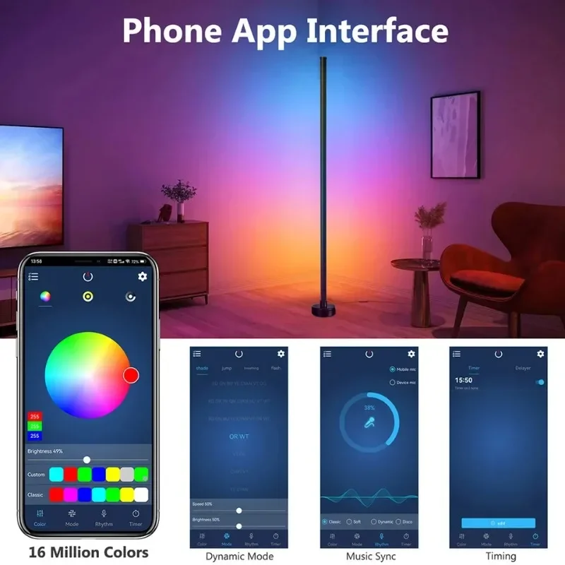 Фото Умный светодиодный торшер RGB с дистанционным и APP-управлением, синхронизация с музыкой, угловое освещение, таймер, современная лампа для создания атмосферы в гостиной и для гейминга №3