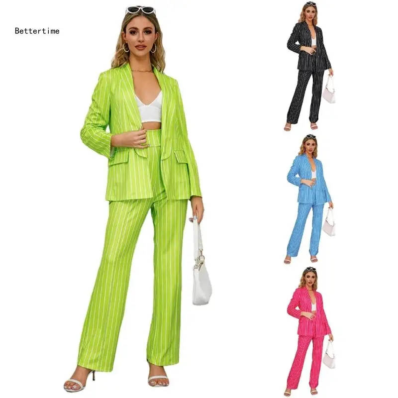 

B36D Женские брючные костюмы с пиджаком, комплект из 2 предметов, полосатый пиджак с длинными рукавами и брюки