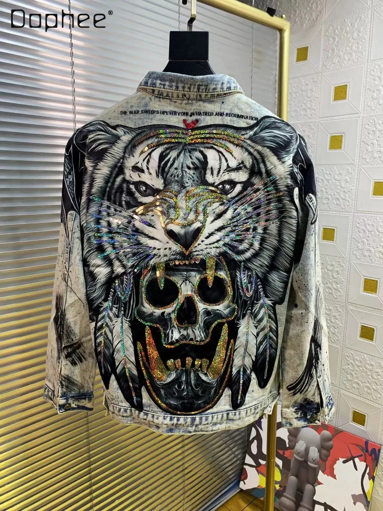 

Men's Clothing Embroidered Sequins Denim Coat Spring and Autumn High Street Long Sleeve Sequin Tiger Slim Fit Jean Jean Jacket