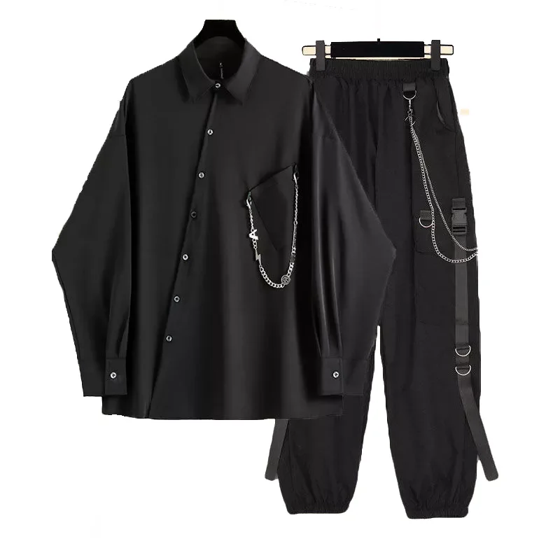 Hip Hop Asymmetric Chain Ornaments Cargo Pants Streetwear Hip Hop Long-sleeved Shirt Unisex Black Top 2 Piece Suit