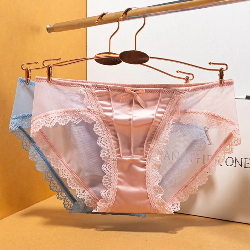 

Атласные кружевные трусики с бантом, женское ажурное Сетчатое нижнее белье, прозрачные трусы, дышащие трусики со средней талией, женское белье