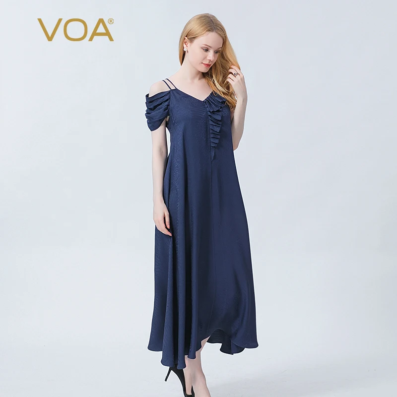 

VOA шелковые жаккардовые простые живописные вечерние платья с v-образным вырезом Плиссированное асимметричное летнее платье с коротким рука...