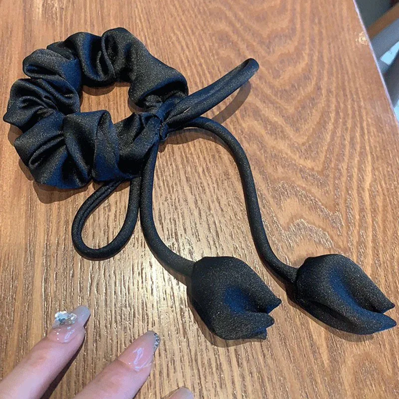 

Black Satin Tulip Ribbon Bow Tassels Simple Elastic Hair Band For Woman Temperament Designer Ponytail Rubber Ties Fashion