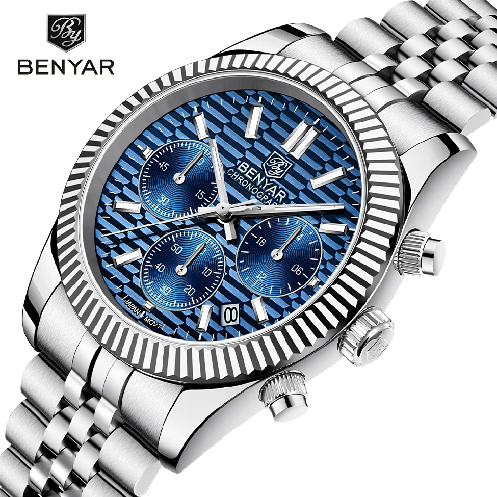 

BENYAR New Luxury Men Watch Sapphire Glass Stainless Steel Chronograph 100M Waterproof Men Quartz wristwatch reloj hombre