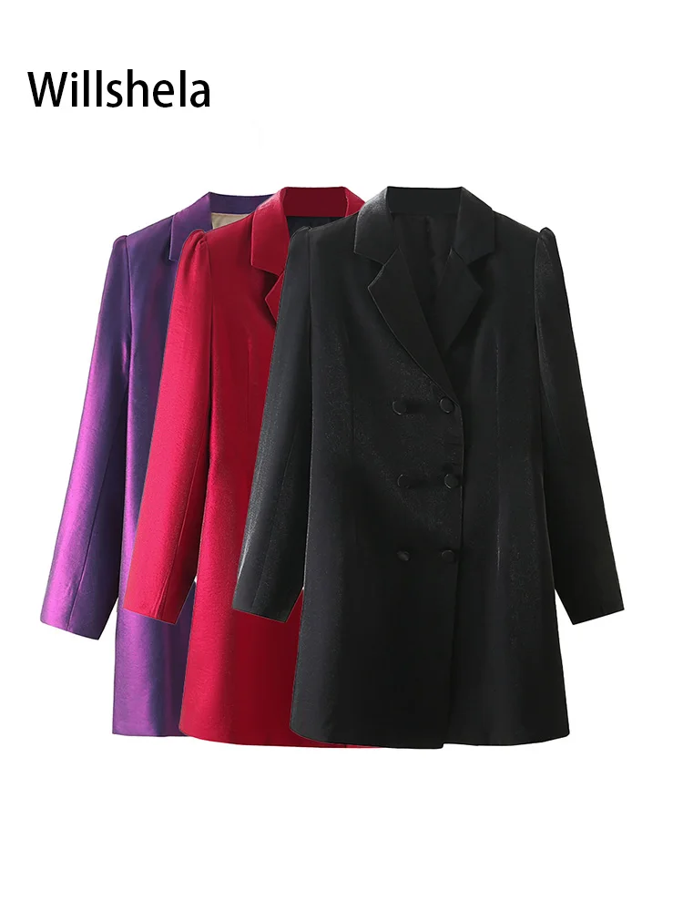 

Willshela Women Fashion Solid Double Breasted Blazers Vintage Long Sleeves Notched Neck Female Chic Lady Outfits