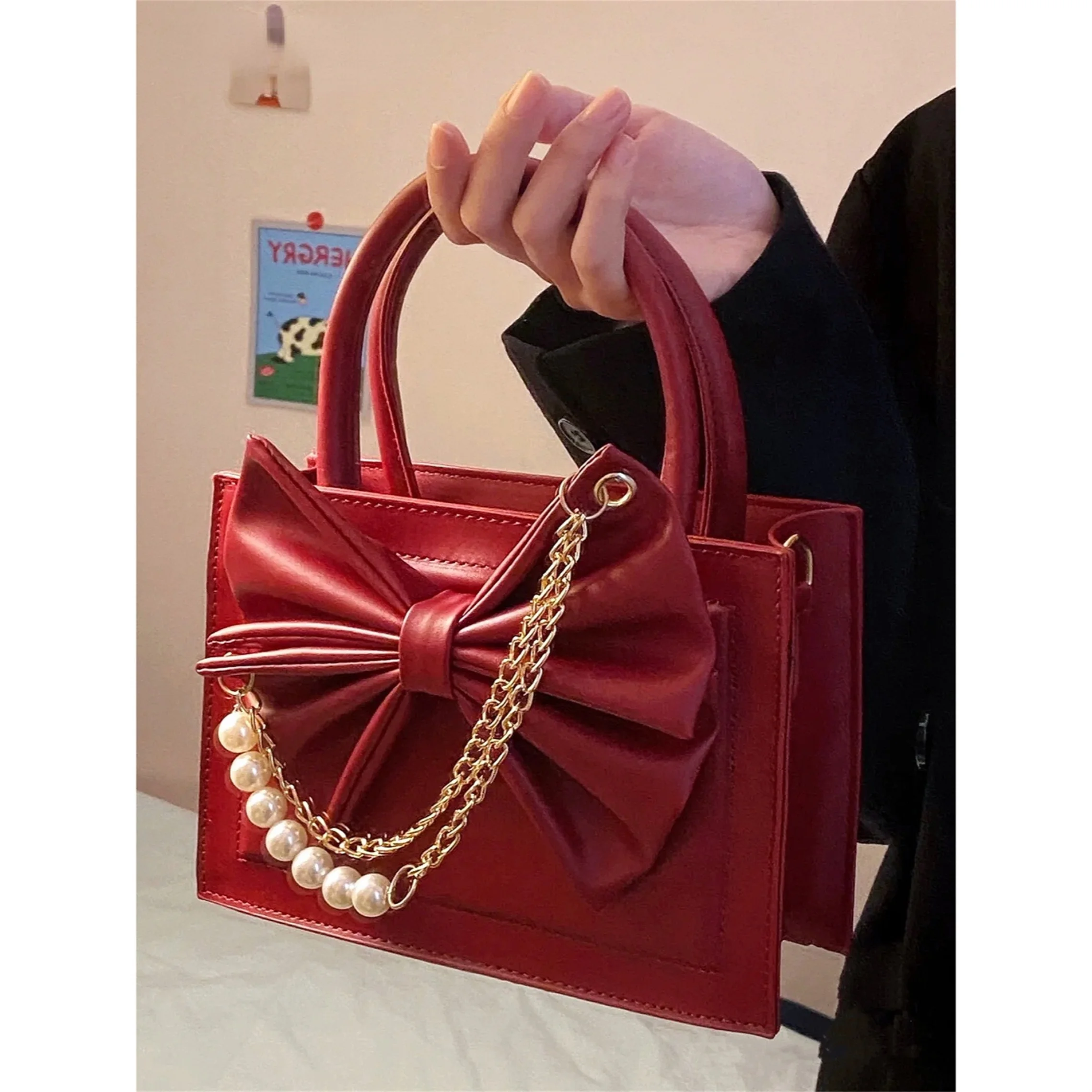 Luxury Design Women Square Shoulder Bags Pearl Chain Ladies Bowknot Clutch Purse Handbags Female Red Small Tote Crossbody Bag