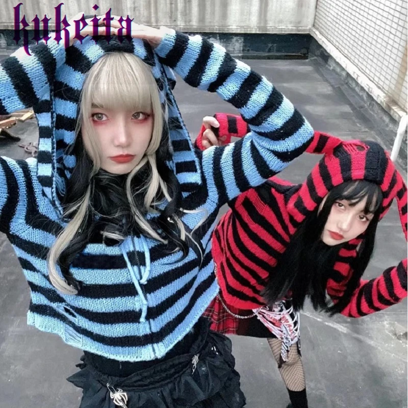 Полосатый вязаный свитер в стиле панк-рок Готическая уличная одежда для девушек -