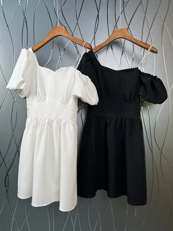 

2022 new women fashion unilateral studded suspender straps off-the-shoulder decoration waist short-sleeved skirt dress 054