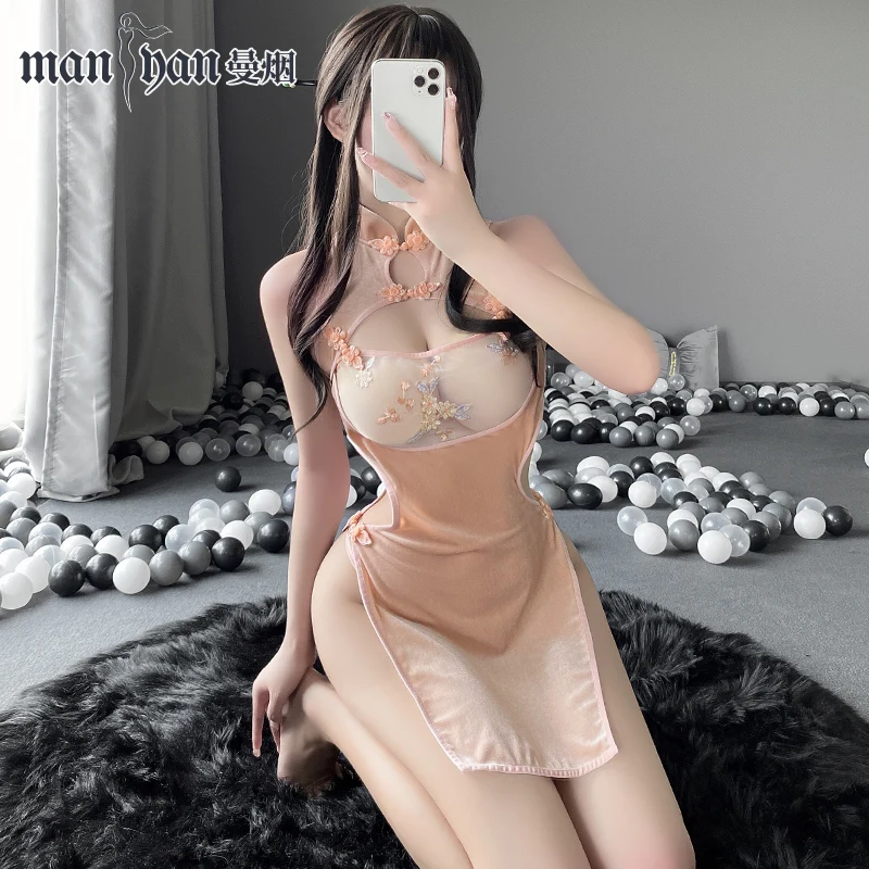 

Chinese Cheongsam Sexy Lingerie Nightgowns Temptation Embroidery Hollow Out Perspective Mini Chi-pao Sleepwear High Split Dress
