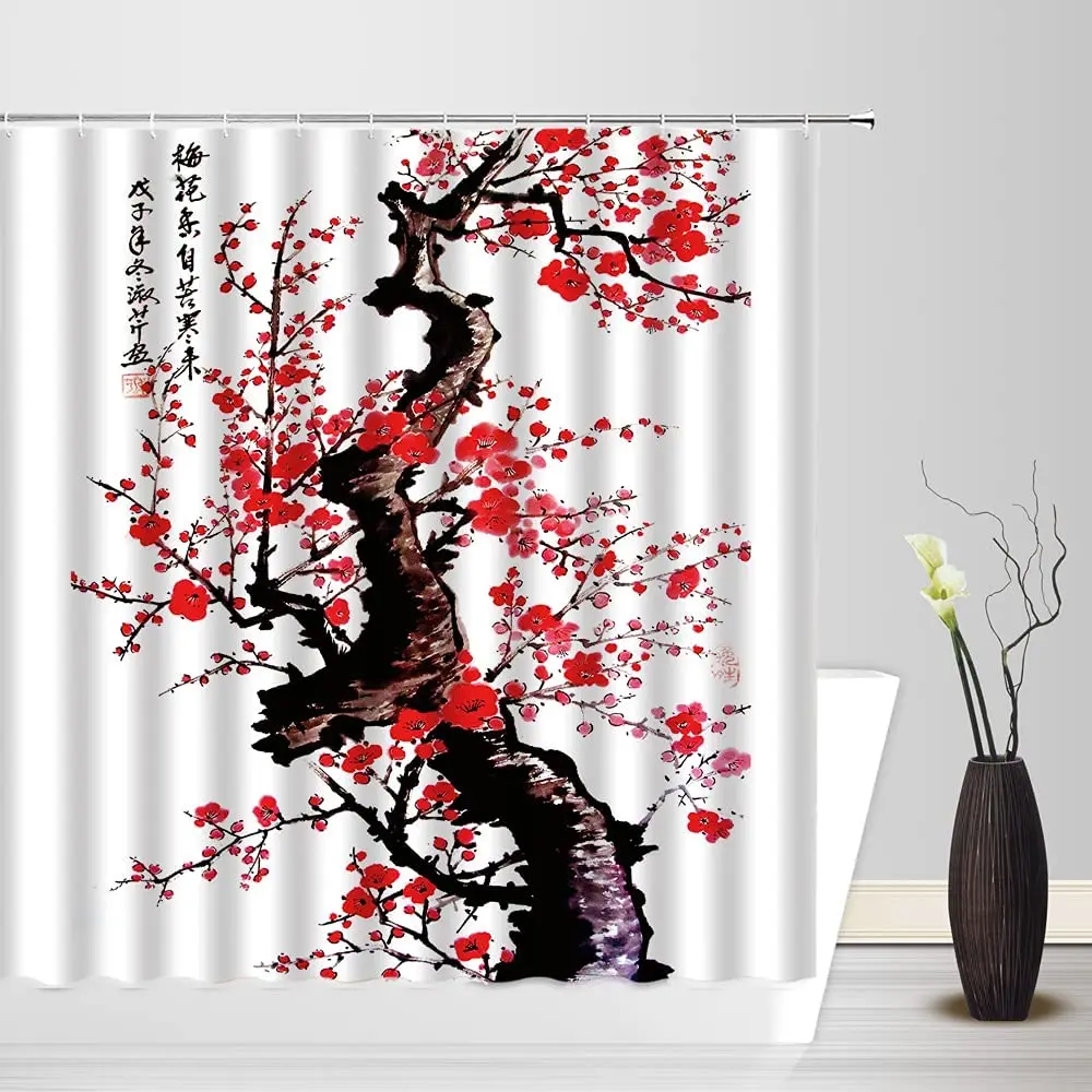 

Asian Cherry Blossom Shower Curtain Red Plum Flower Tree Branch Ink Painting Classic Art Scape Bathroom Bath Curtains with Hooks