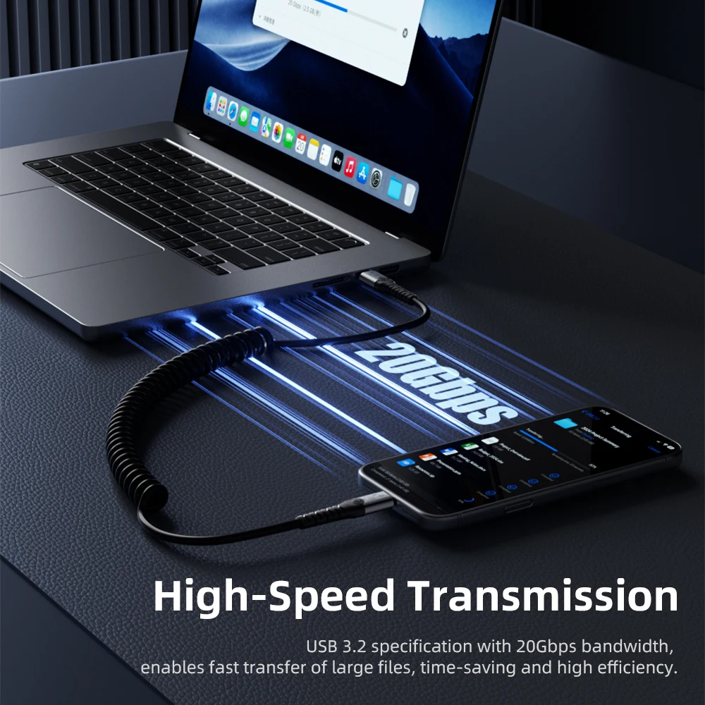 Фото Кабель DOONJIEY Spring Coiled Type C, полнофункциональный USB3.2, 100W PD, совместимость с 4K видео, Thunderbolt 3 4 для MacBook и iPad. №3