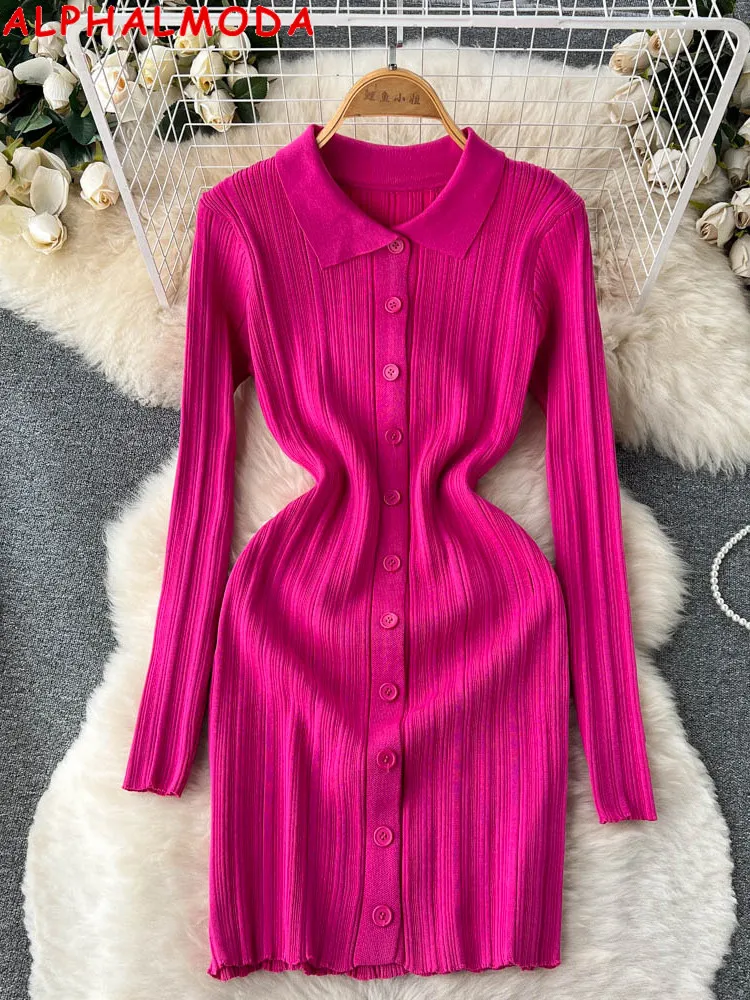 

ALPHALMODA 2022 Autumn Women Single Breasted Long-sleeved Knitted Rip Dress Above Knee Casual Pullovers Outfit