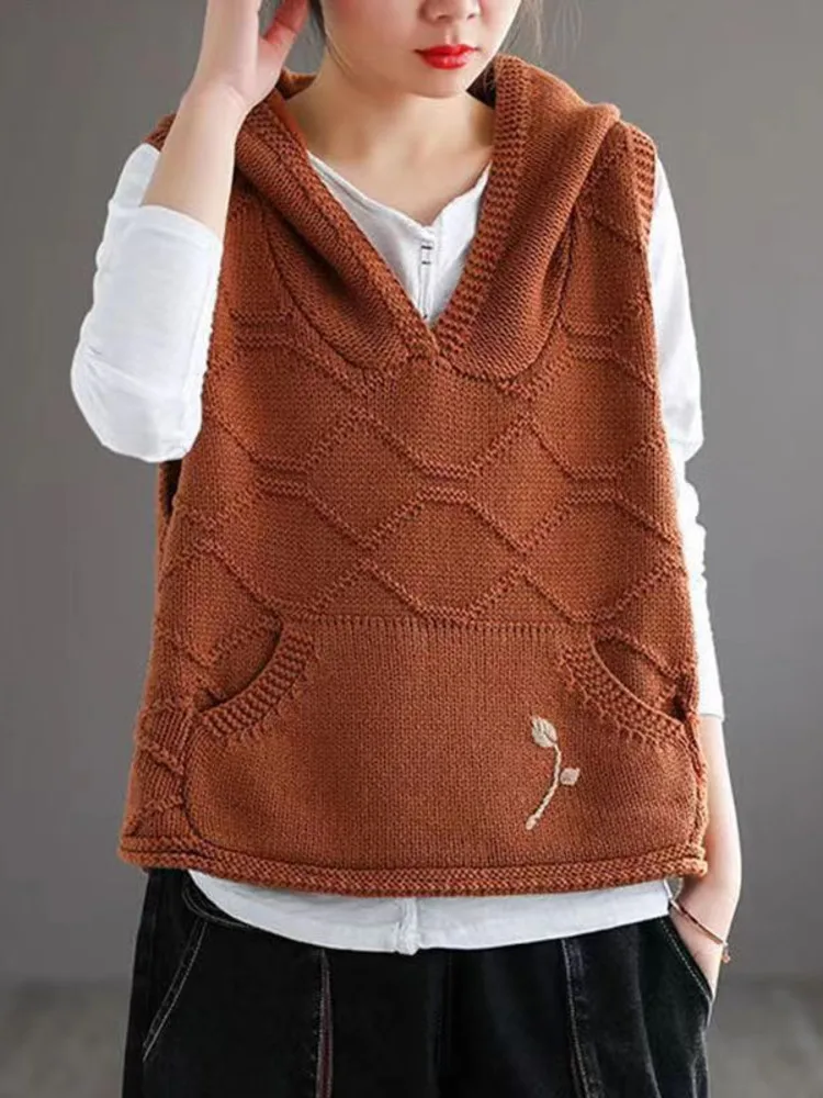 

Модные топы без рукавов, Женский Простой повседневный Однотонный пуловер с капюшоном, универсальный Повседневный вязаный жилет с V-образны...