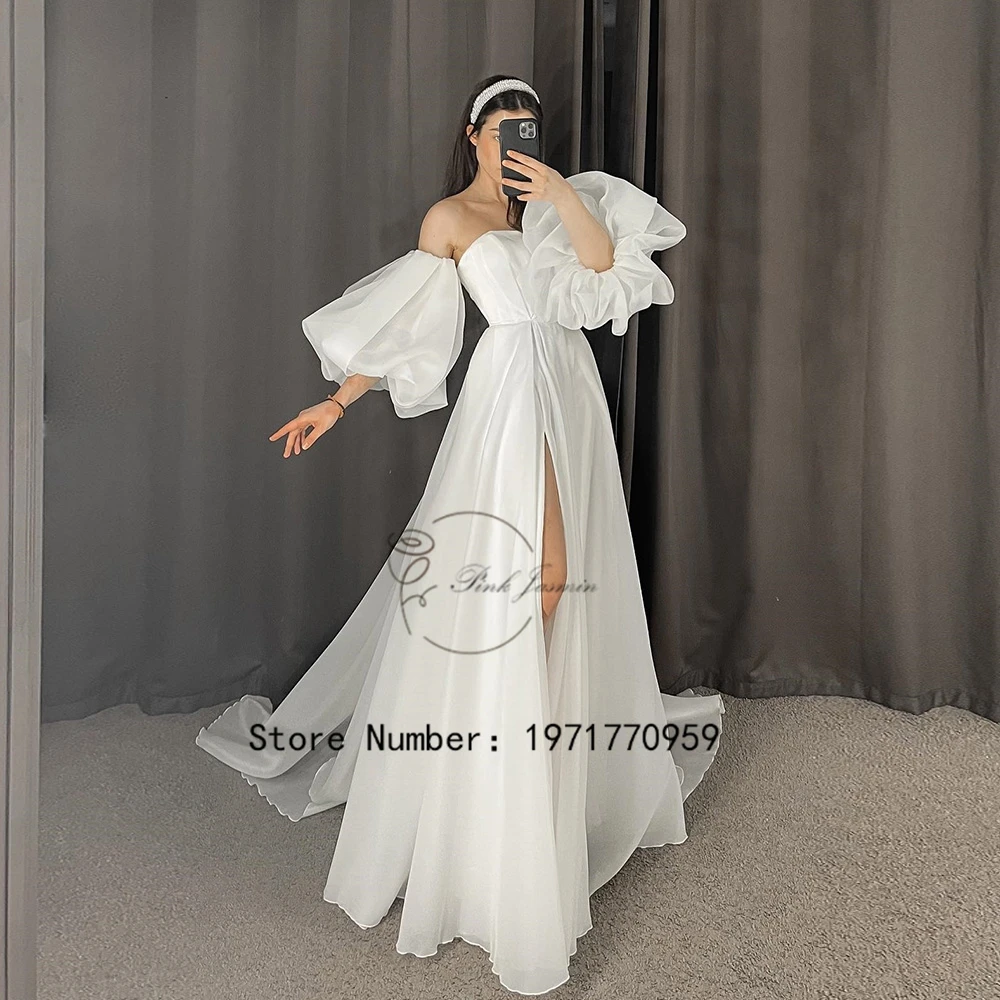 

White Strapless Simple Wedding Dresses For Women 2023 Fashion Three Quarter Sleeves Bridal Gowns With Soft Tulle Robe De Mariée