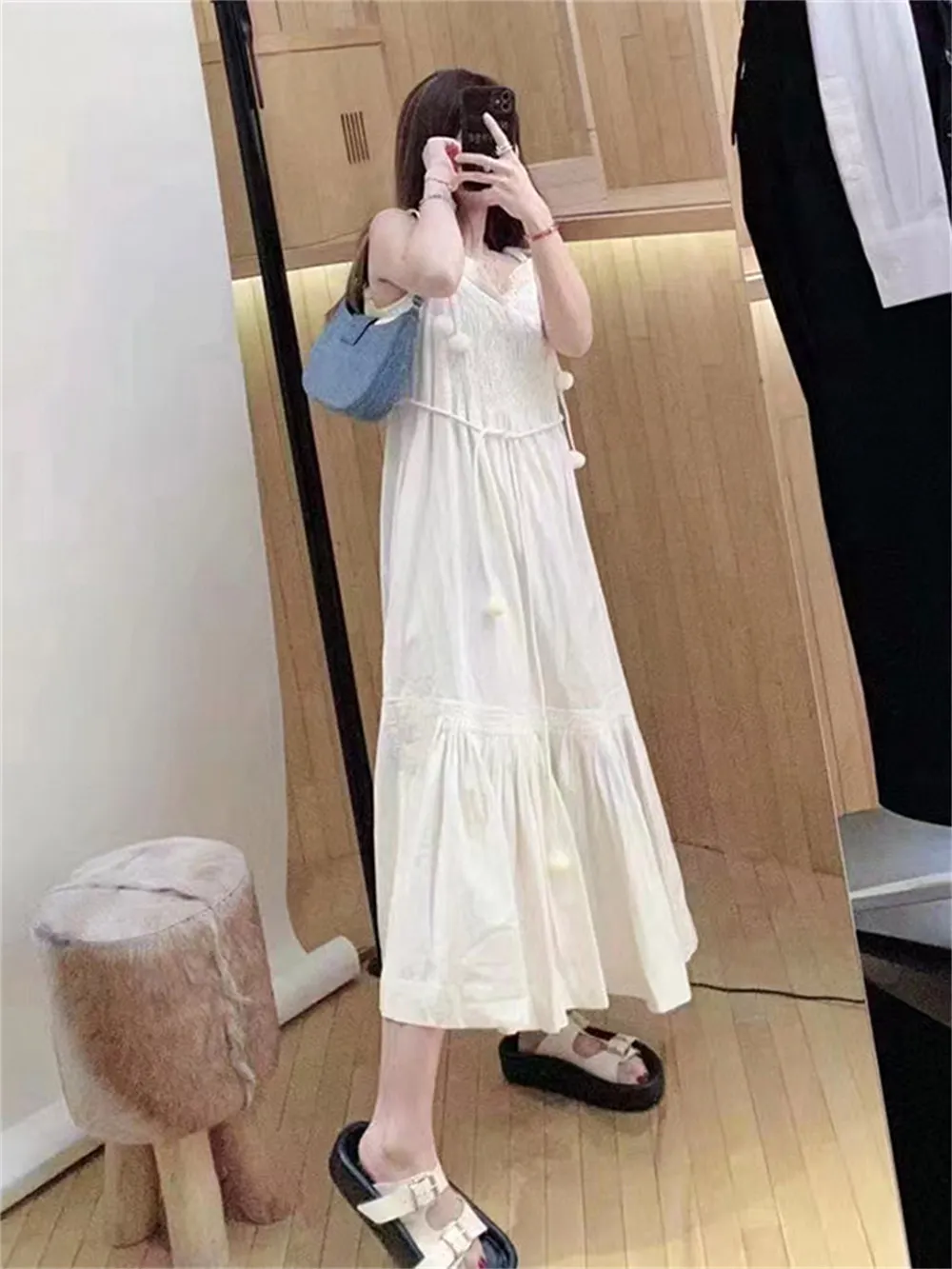 

Women Pleated Square Collar Sleeveless Dress 2023 Summer New Ladies Fur Ball Decoration Lace Up Ruffled Sweet Solid Color Robe