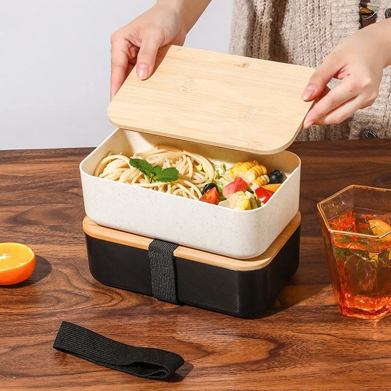 Ланч-бокс из пшеничной соломы с деревянной крышкой и столовой посудой