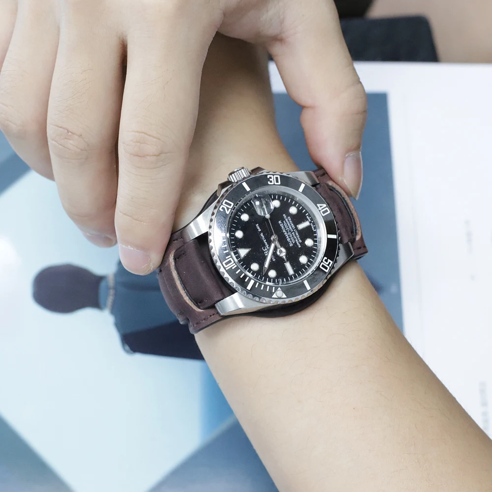 Crazy Horse Leather Bund Strap 16mm 18mm 19mm 20mm 21mm 22mm Leather Cuff Watch Strap Men's Wrist Watch Band Accessories