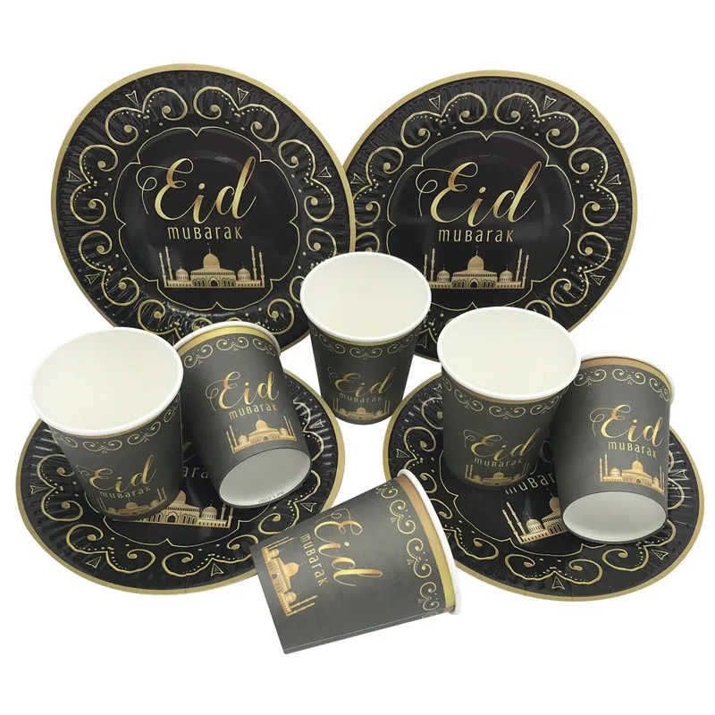 

6Pcs Ramadan Decor Eid Mubarak Paper Plates Cups Disposable Tableware For Muslim Islamic Festival Eid al-Fitr Party Home Supplie