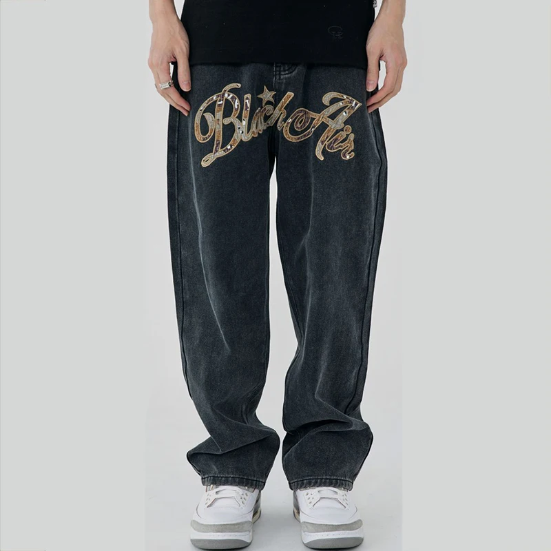 

Men High Street Jeans Vintage Letter Embroidery Denim Pants Baggy Straight-leg Trousers Hip Hop Streetwear Unisex Autumn Male