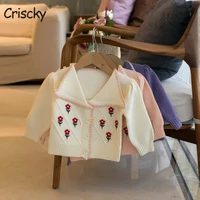 criscky 2022 autumn baby sweater petals collar knitted cardigan jacket fashion floral coat girls cardigan girls sweaters