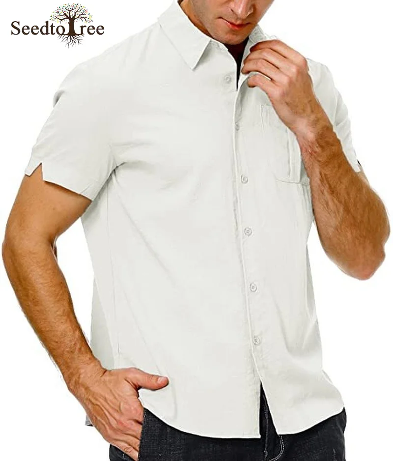 Summer Men's Shirts Casual Short Sleeve Turndown Collar Single Breasted Linen Solid Color Shirt