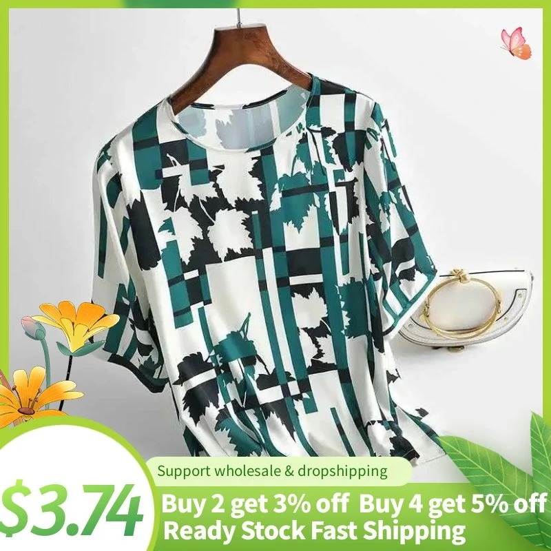 

Elegant Women O Neck Short Sleeve Silk Soft Blouse Printed Leaves Loose Blusas Work TopsTunic Summer Office Lady Shirt Clothing