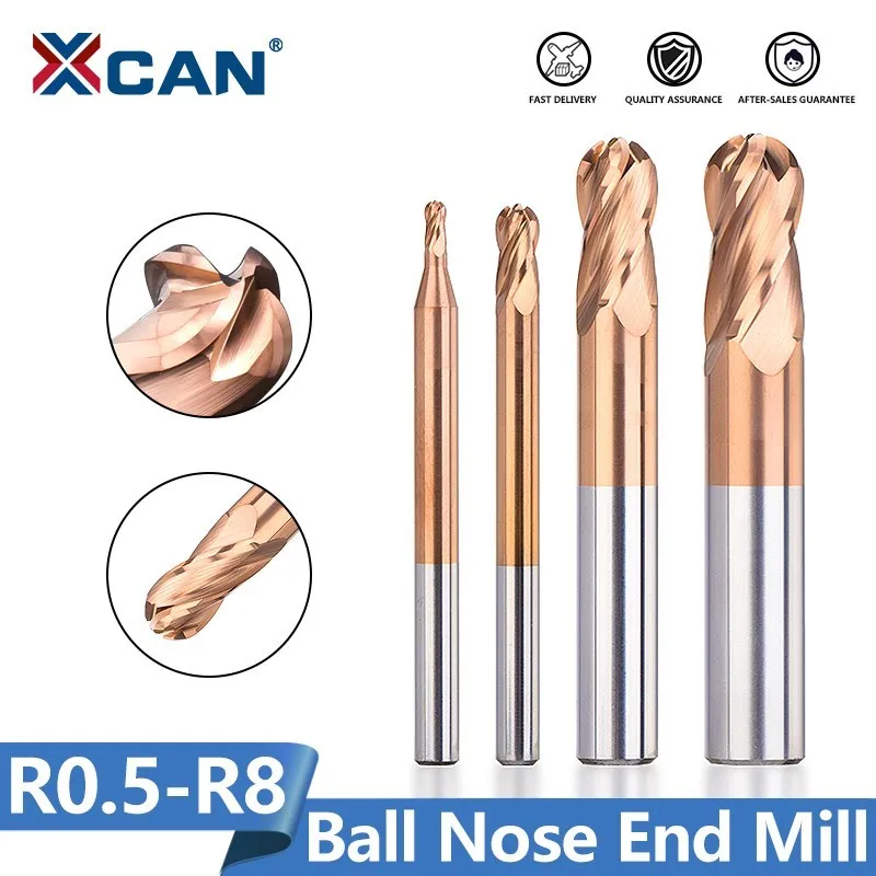 

XCAN Ball Nose End Mill 4 Flute Carbide Milling Cutter HRC 50 TiCN Coated CNC Router Bit Spiral Milling Tools R0.5-R8