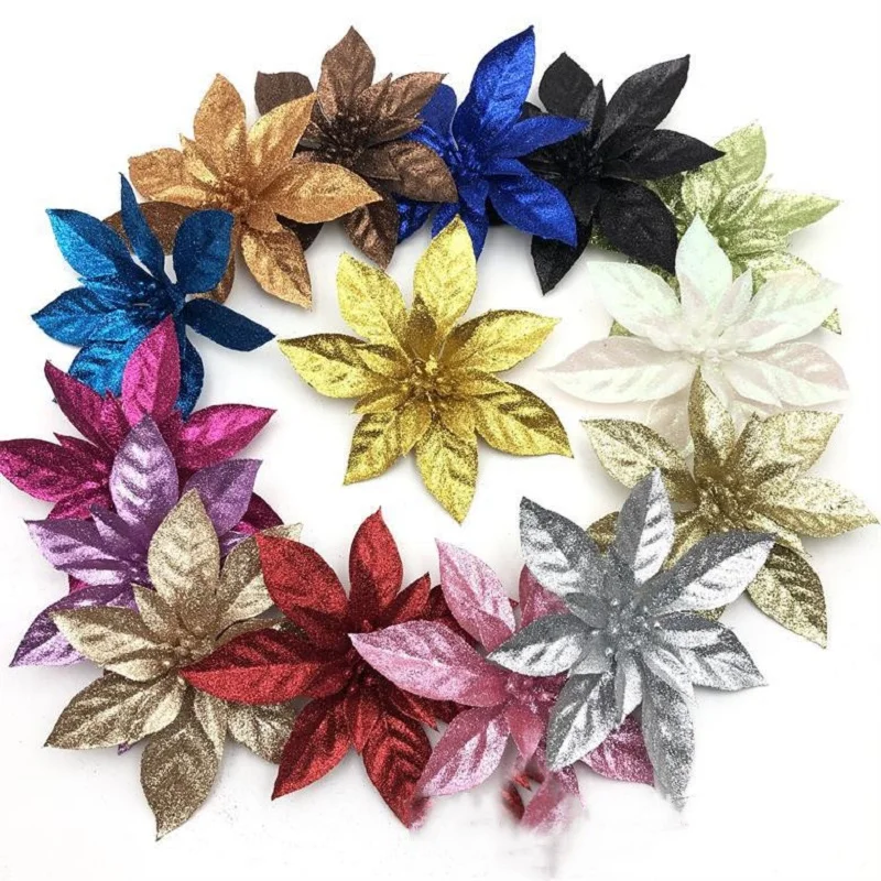 

20pcs 16cm Artificial Glitter Christmas Flower For Arrangement Wedding Wreath Xmas Tree Party Home Garden Gift Box Decoration