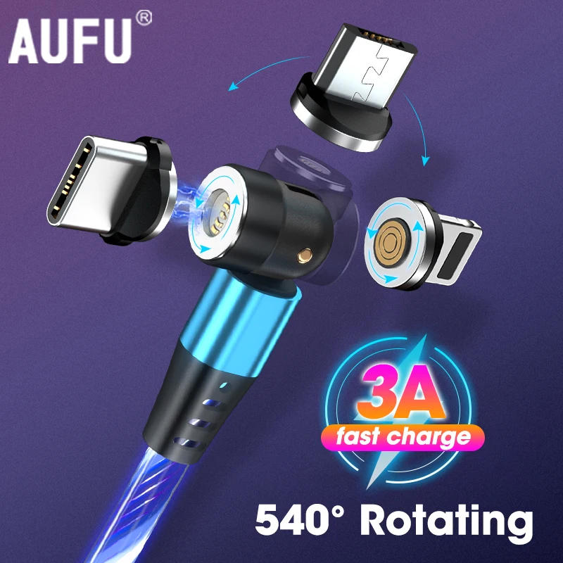 540° Rotation Glowing Magnetic Cable 3A Fast Charging Usb c Cable Phone Charging Cord Magnetic Charger For iPhone Samsung Huawei