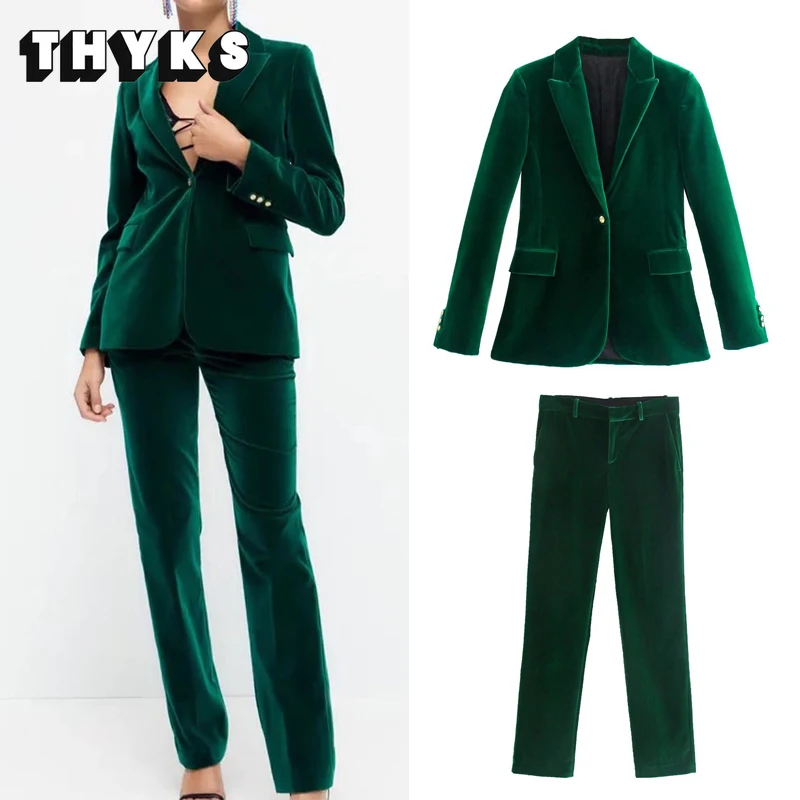 Conjunto de chaqueta y pantalones de terciopelo verde para mujer, abrigo elegante Vintage de manga larga, traje de oficina, moda de otoño Za, 2022