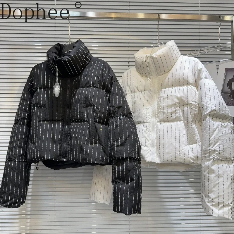 Модная женская зимняя ватная куртка в вертикальную полоску пуховик с