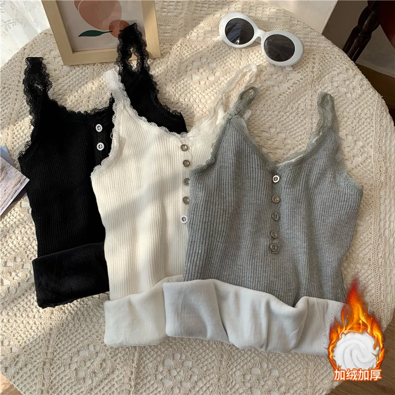 

Зимняя теплая внутренняя одежда для женщин, бархатный жилет, сексуальное кружевное боковое термобелье, топы без рукавов, однотонное тонкое термобелье с V-образным вырезом