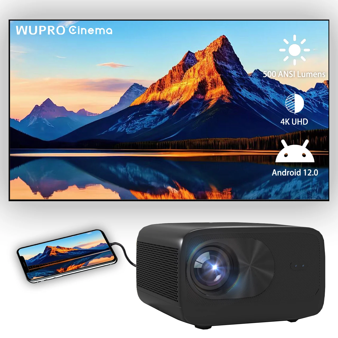 Фото [OEM/ODM] Умный проектор Wupro K-W125A Android 12, Wi-Fi6 BT5.0 LED HDR10, родной 4K UHD, автофокус, 500ANSI люмен, проектор №1