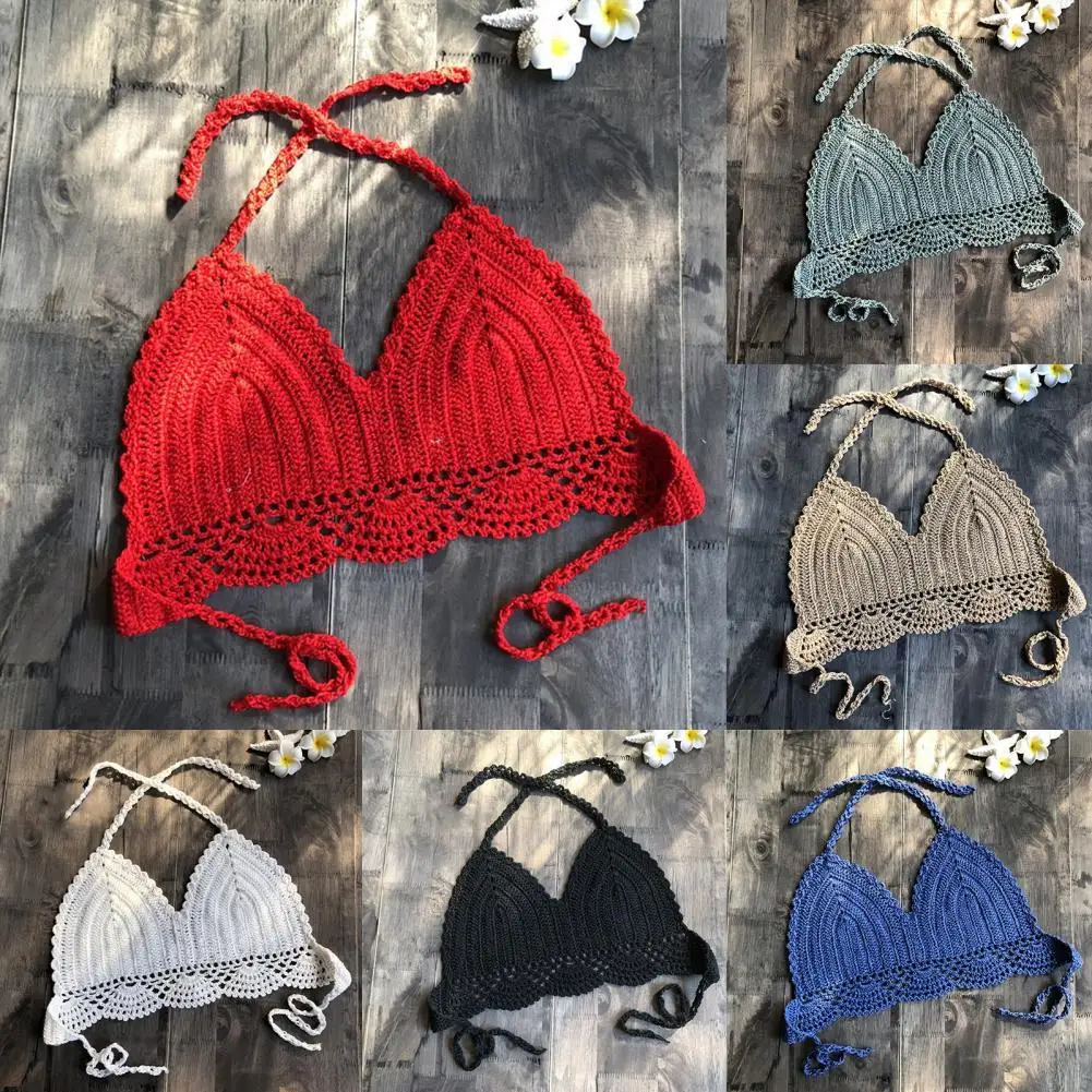 

Women Crop Top Solid Color Crocheted Sexy Simple Backless Bikini Top for Swimming Summer Beach Knitting Tank 2022 New