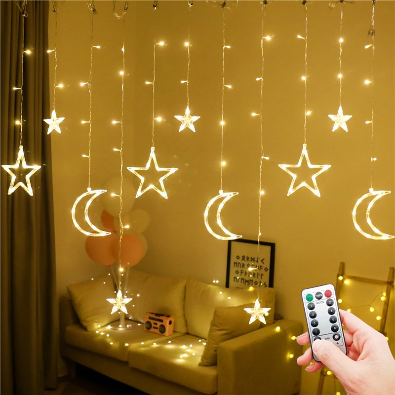 

Led Star and Moon Garland Curtain Lights Waterproof Outdoor Wedding String Fairy Lights for Holiday Wedding Decoration 3.5M