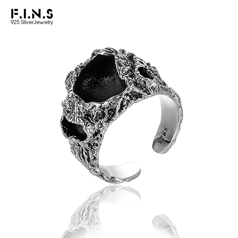 

F.I.N.S Retro Old S925 Sterling Silver Ring Opening Adjustable Black Dripping Oil Punk Rock Index Finger Rings for Women Men