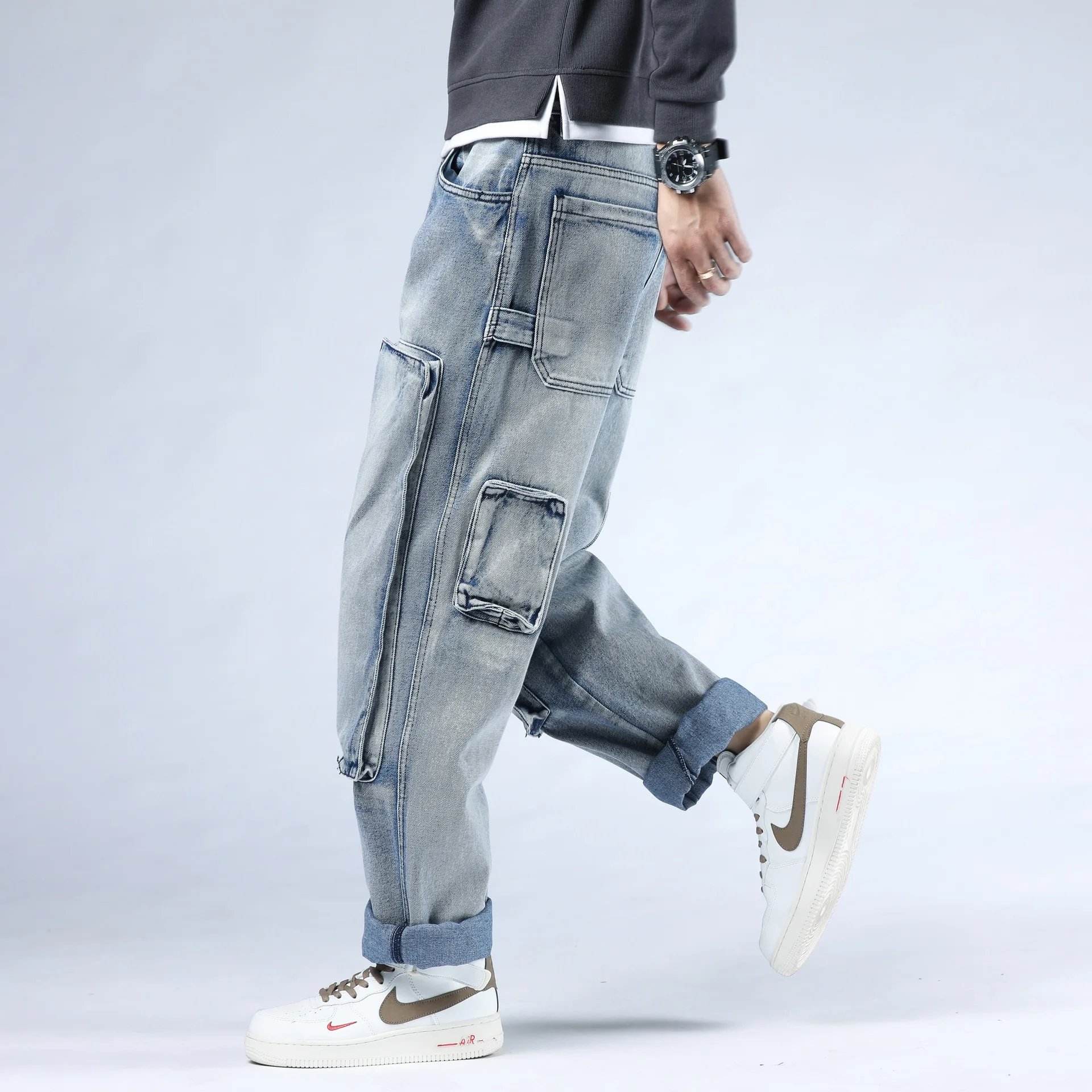 Trend Autumn New Baggy Jeans Hip Hop Skateboard Pants Straight Full Length Solid Color Denim Pants Streetwear Mens Loose Jeans