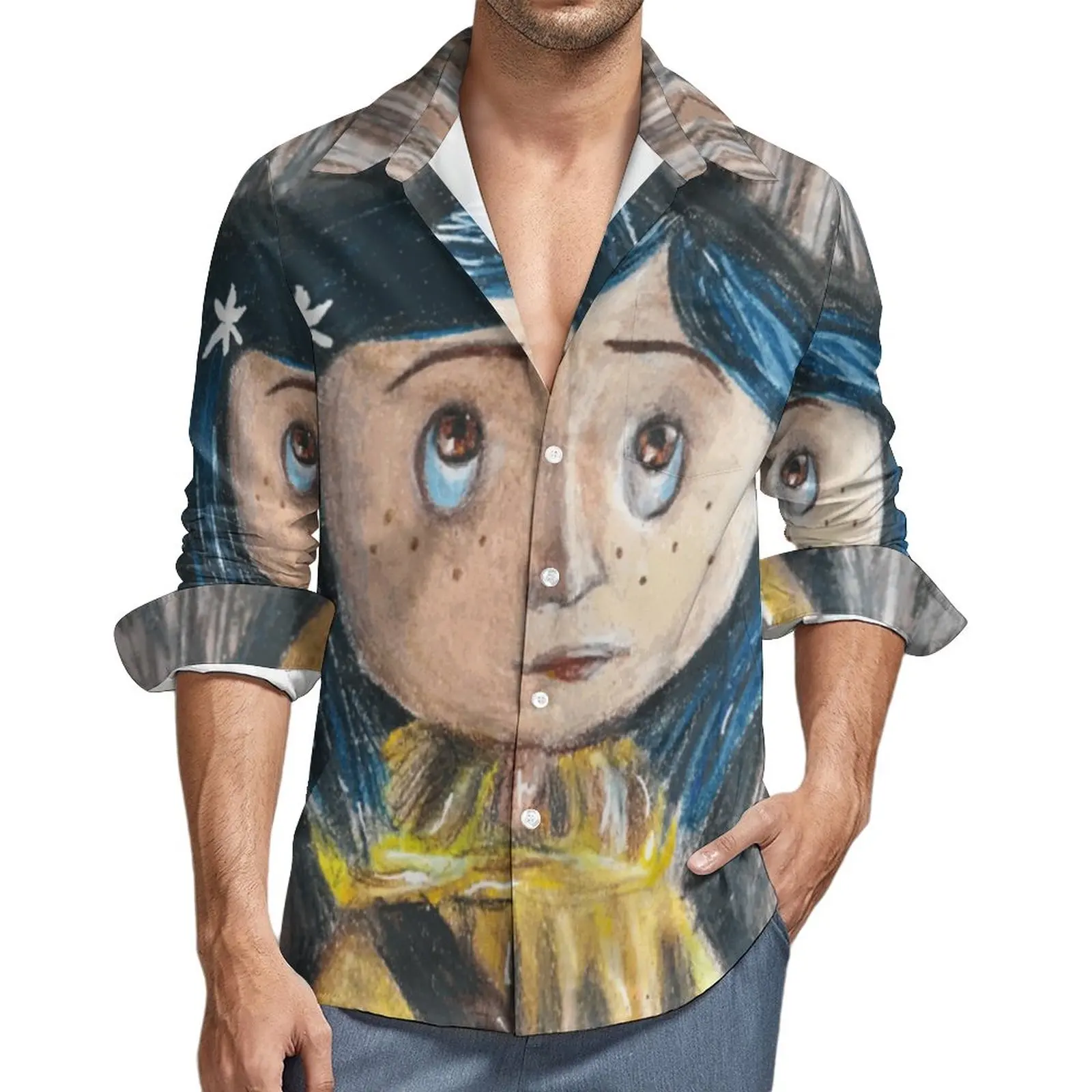 

Рубашка Coraline, Осенние повседневные рубашки с мультяшным рисунком на Хэллоуин с привидениями, мужские свободные блузки, одежда с длинным рукавом