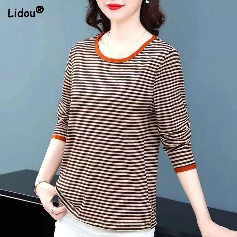 Купи Women's Clothing 2022 Loose Stripe Stripe Casual Plus Size Pullovers Autumn Winter Thin Bottoming Simple Comfortable Office Lady за 779 рублей в магазине AliExpress