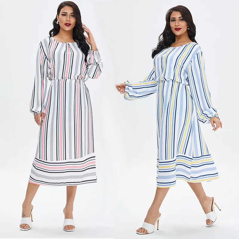 Striped Print Midi Dress for Women Summer 2022 Casual muslim robeO Neck Long Sleeve Arabic Pajamas Cotton Clothes