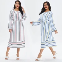striped print midi dress for women summer 2022 casual muslim robeo neck long sleeve arabic pajamas cotton clothes