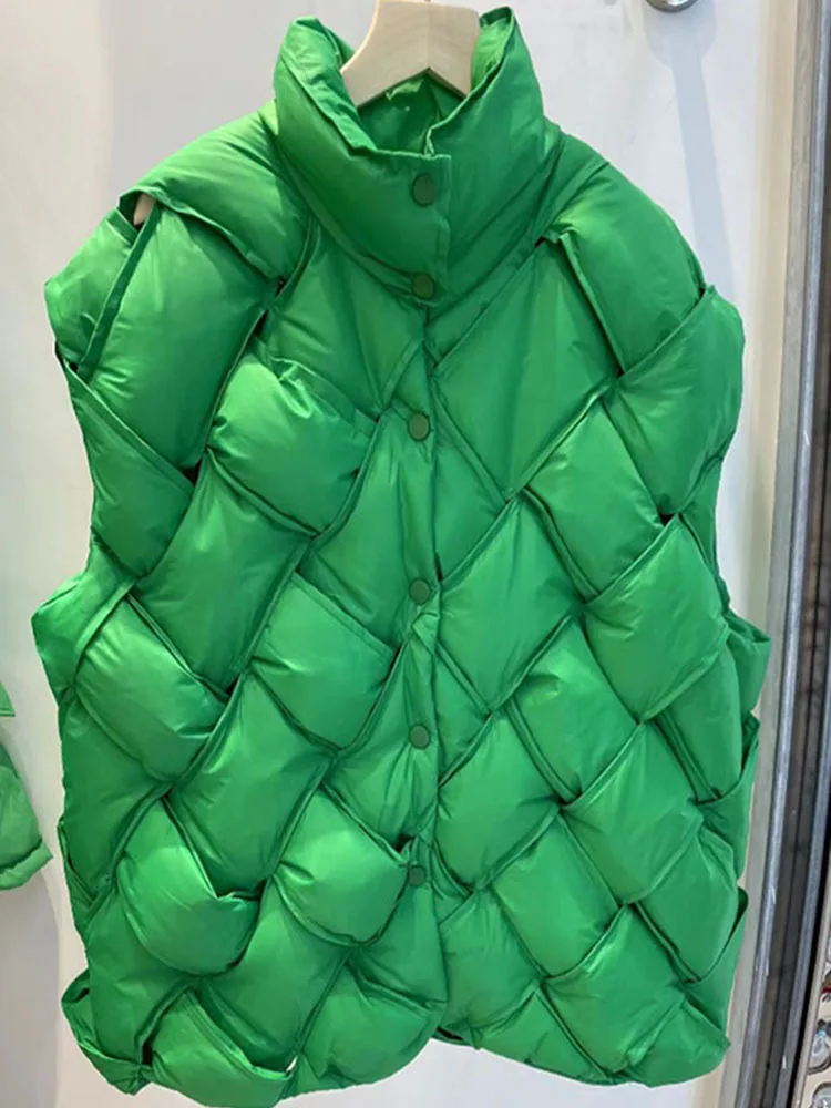 2022 Winter New Fashion Woven Pattern Warm Down Vest Jacket Female Green Loose-Fitting Down Sleeveless Vests Ladies
