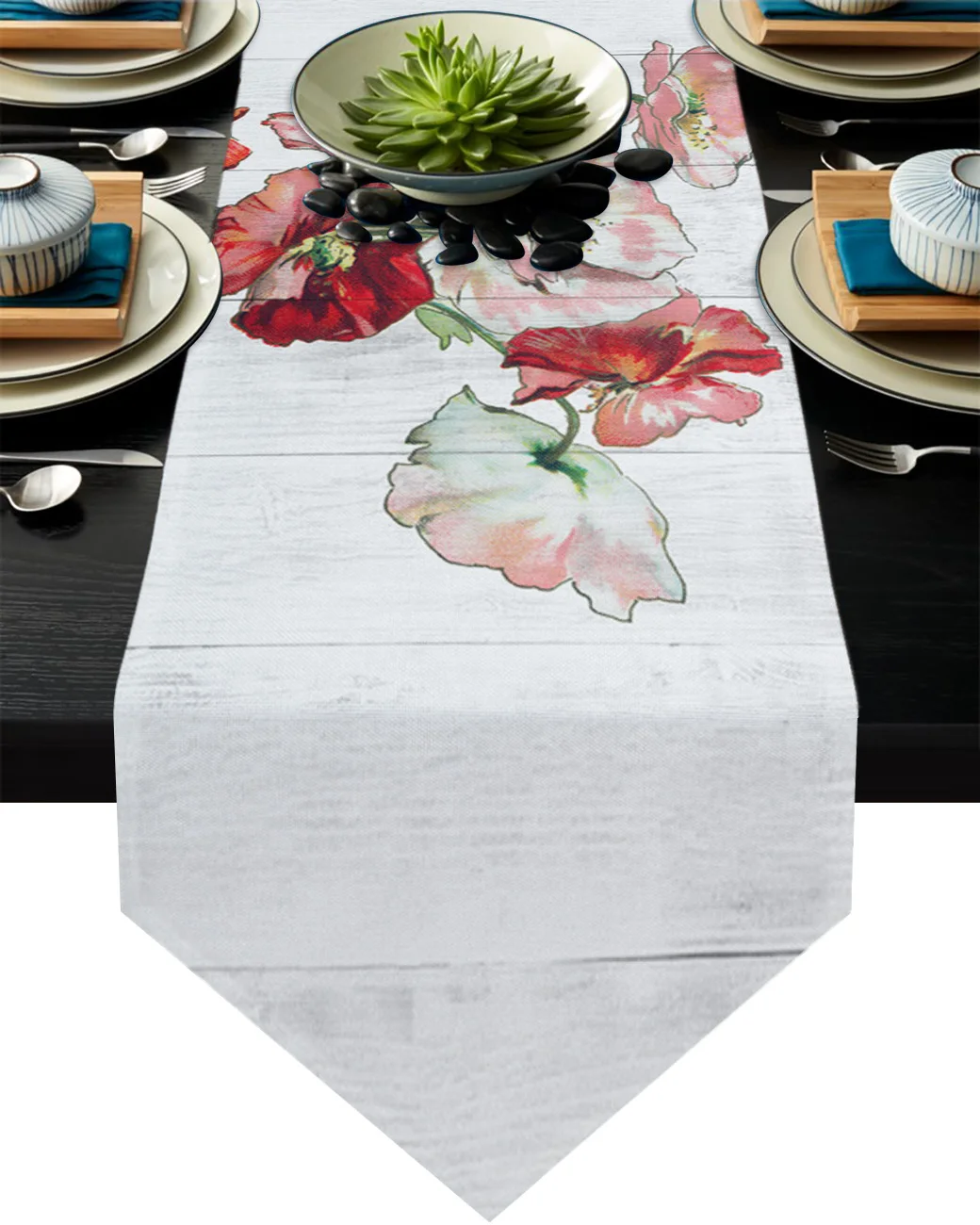 

Poppy Flower Gouache Wood Grain Table Runner Country Wedding Decoration Tablecloth Home Hotel Party Kitchen Dining Table Mats