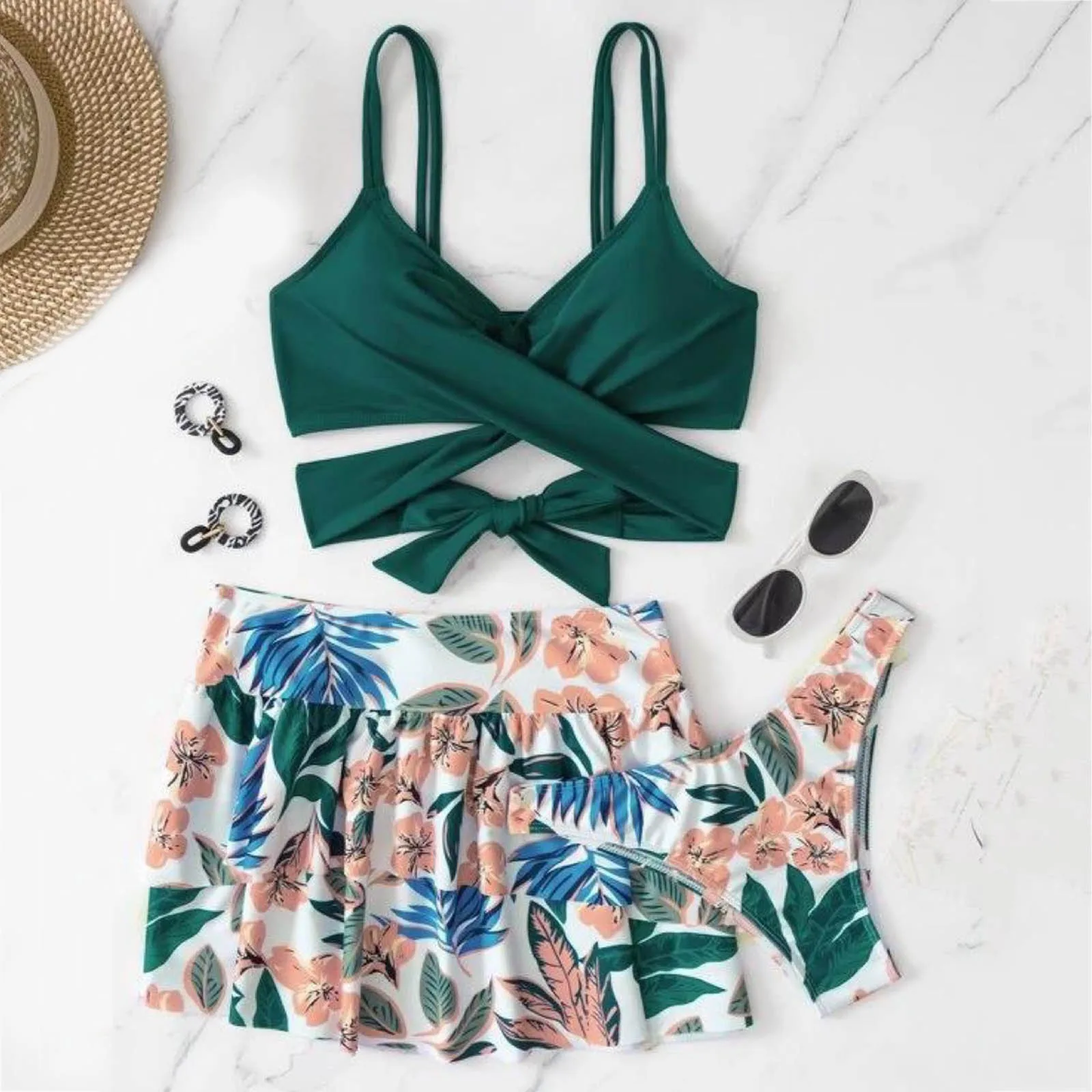 

Женская кружевная юбка с противоскользящим принтом, комплект из трех предметов, купальник для бассейна, бикини с высокой талией, гавайский ...