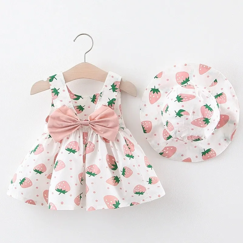 Girls' baby dress printed lovely bow flower princess dress 2023 summer hat 2-piece baby sleeveless birthday party princess dress