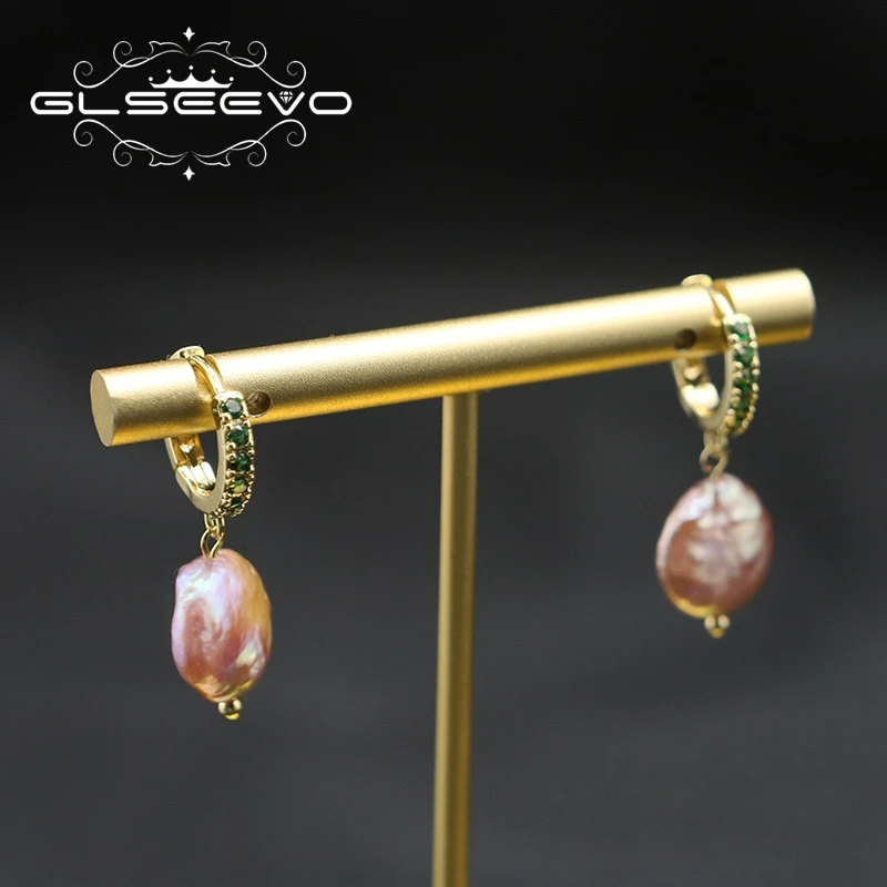 

GLSEEVO Natural Baroque Pearls Emerald Earrings 2022 Luxury Fashionable Pink Purple Korea Women Jewelry Accessories GE1171A