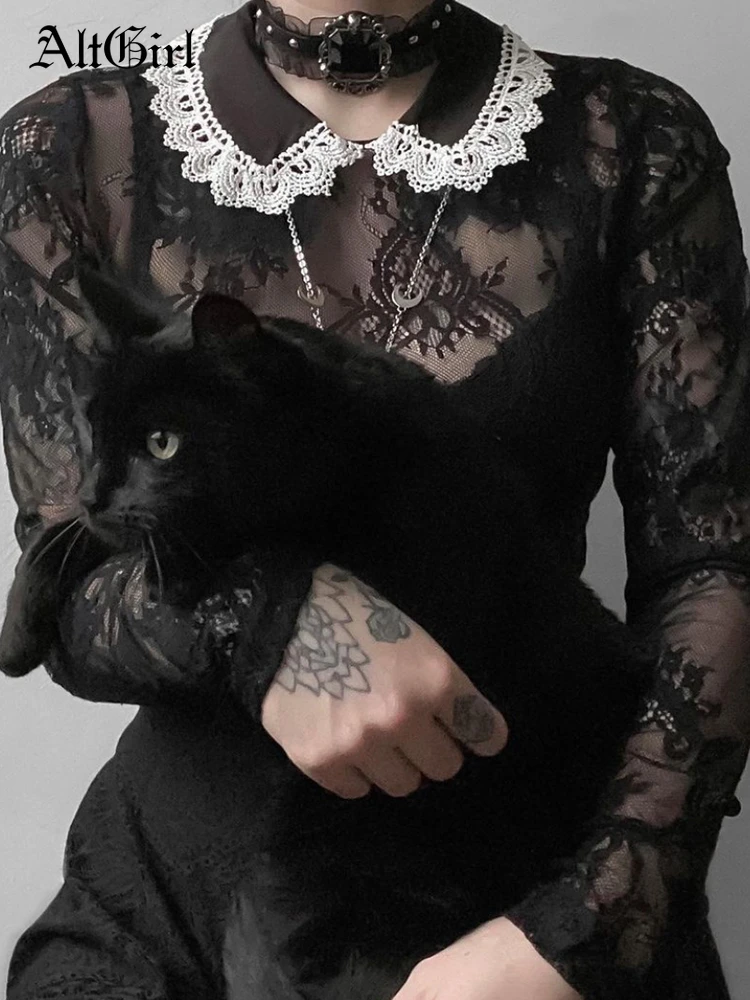 

Женская футболка с длинным рукавом AltGirl, Готическая кружевная винтажная короткая футболка с волнистым сердечником, хлопчатобумажная футбо...